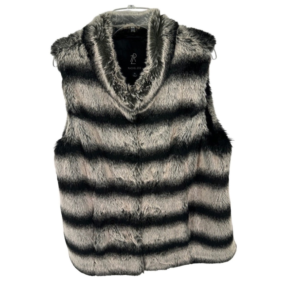 Rachel Zoe Faux Fur Vest Black Gray‎ Striped Hook Closure Pockets Womens XL